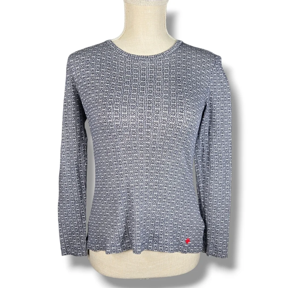 Tory Burch Knit Top Small Navy White Link Print T-shirt Red Metal Logo Womens